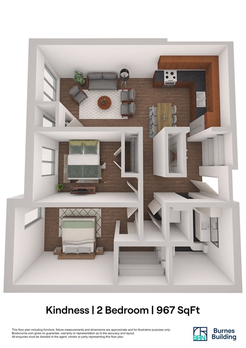 Floor plan for 2 beds, 1 bath, 967 sqft